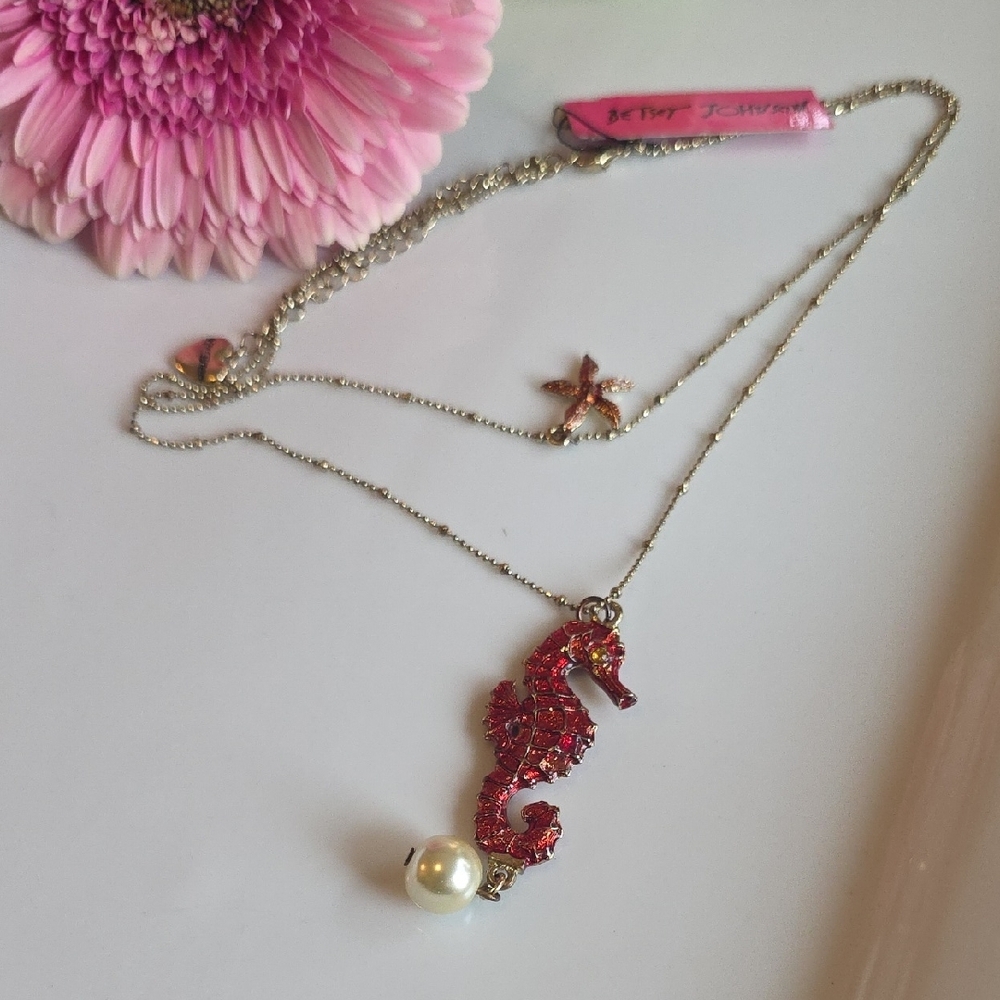 Betsey Johnson Red Seahorse Necklace with Pearl - Picture 2 of 3